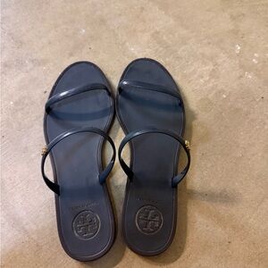 Tory Burch Navy Logo double strip Sandals with Gold Accent
